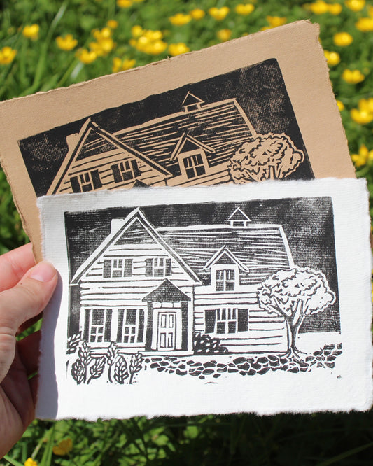 Cozy Cottage Handmade Linocut Original Print