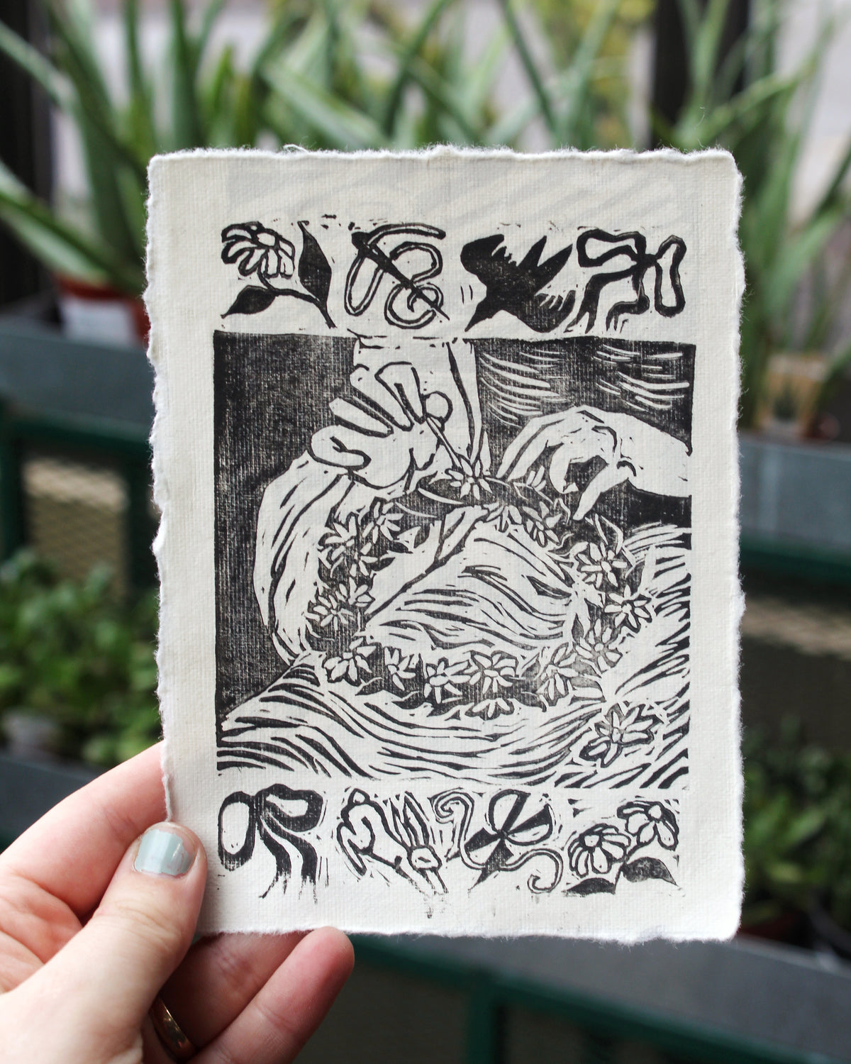 Flower Crown Handmade Linocut Original Print