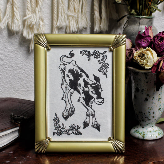 Daisy Cow Linocut Print
