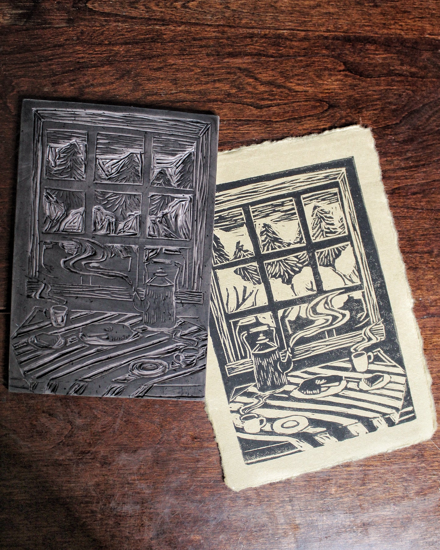 Kitchen Table Tea Handmade Linocut Print