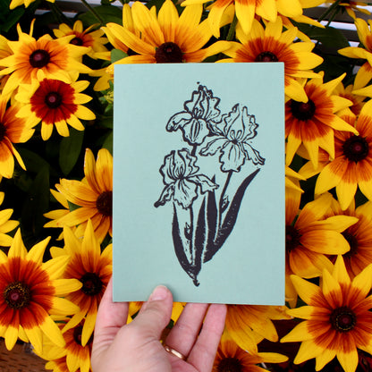 Iris Bouquet Handmade Linocut Greeting Card