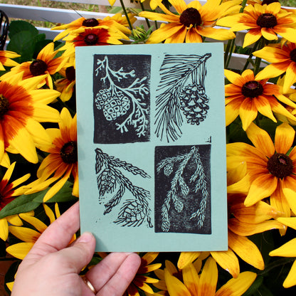 Evergreen Pinecone Handmade Linocut Greeting Card