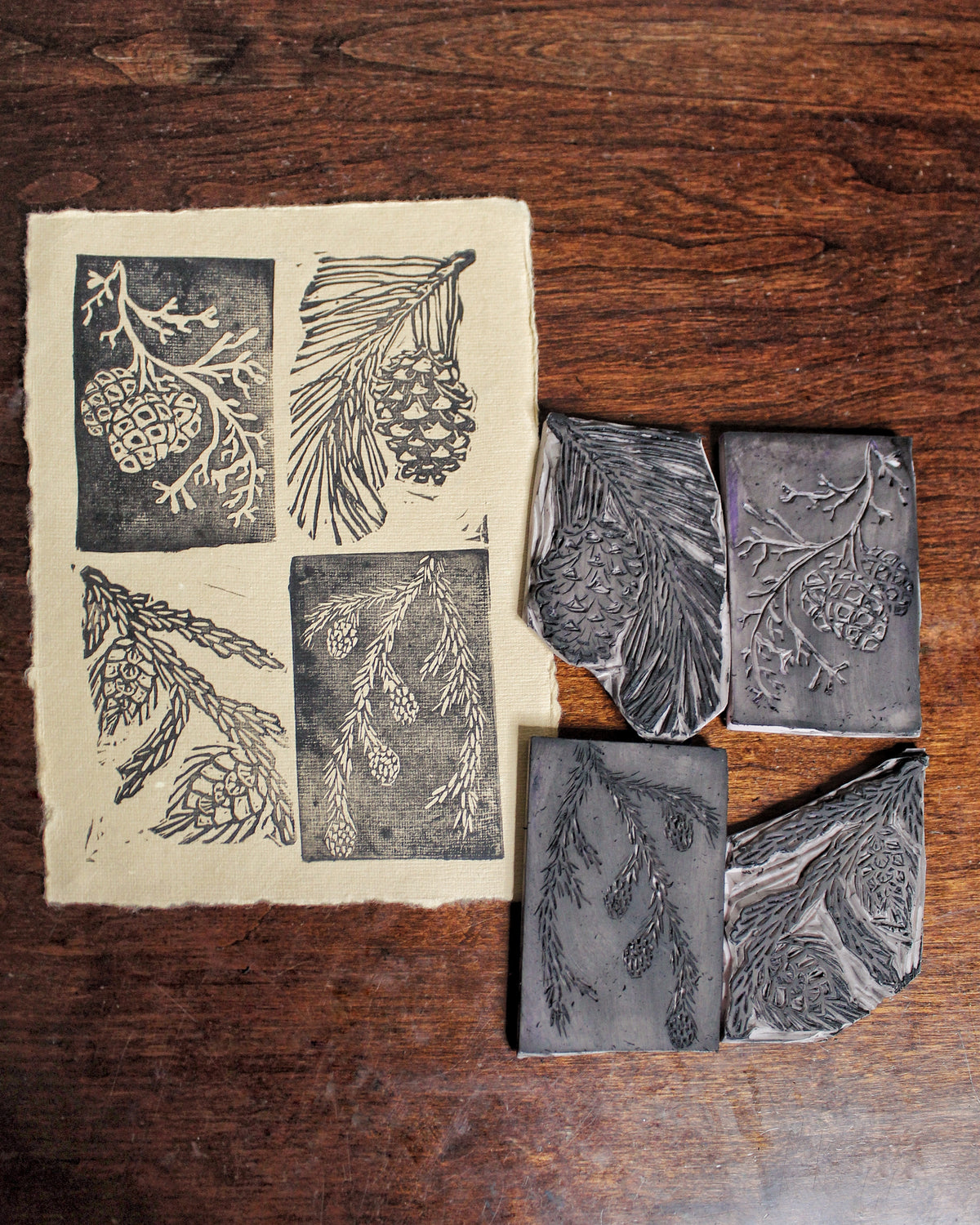 Pine Cone Handmade Linocut Original Print