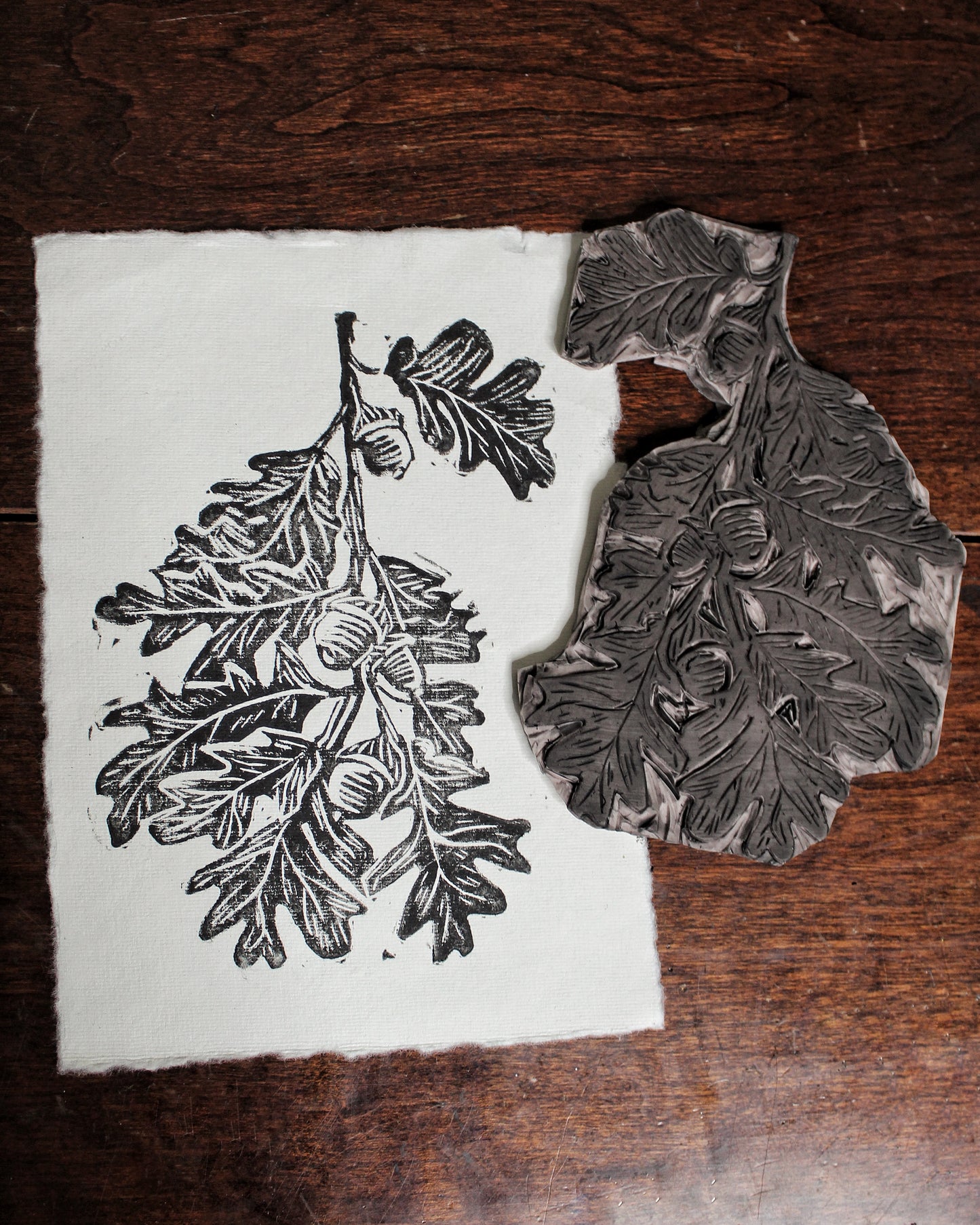 White Oak Leaf Handmade Linocut Print