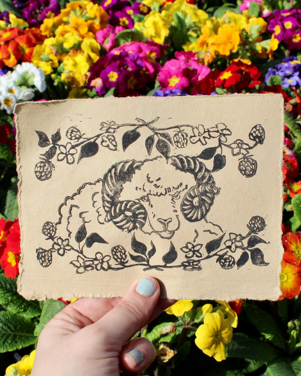 Rustic Blackberry Ram Linocut Original Print