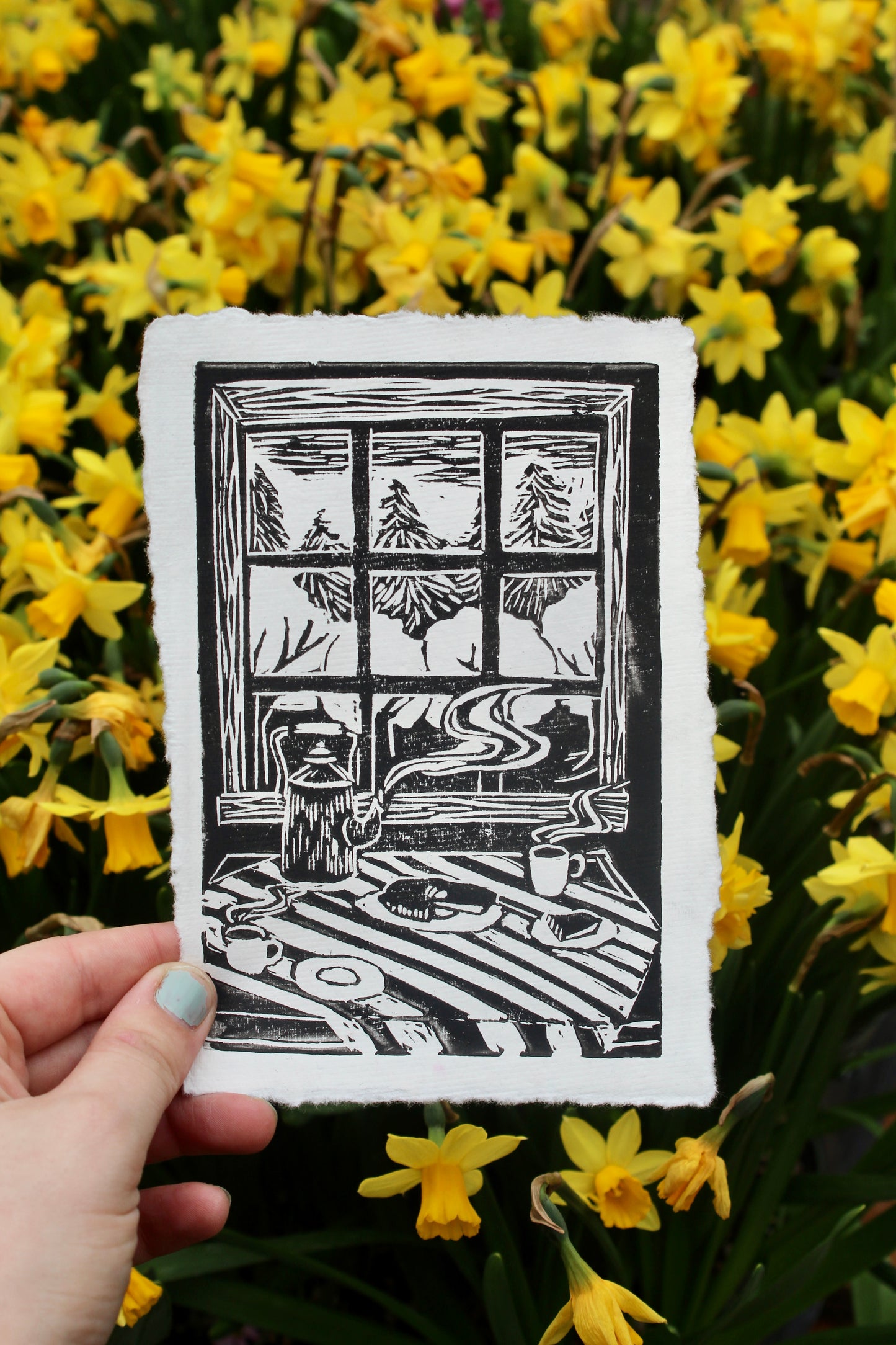 Kitchen Table Tea Handmade Linocut Print