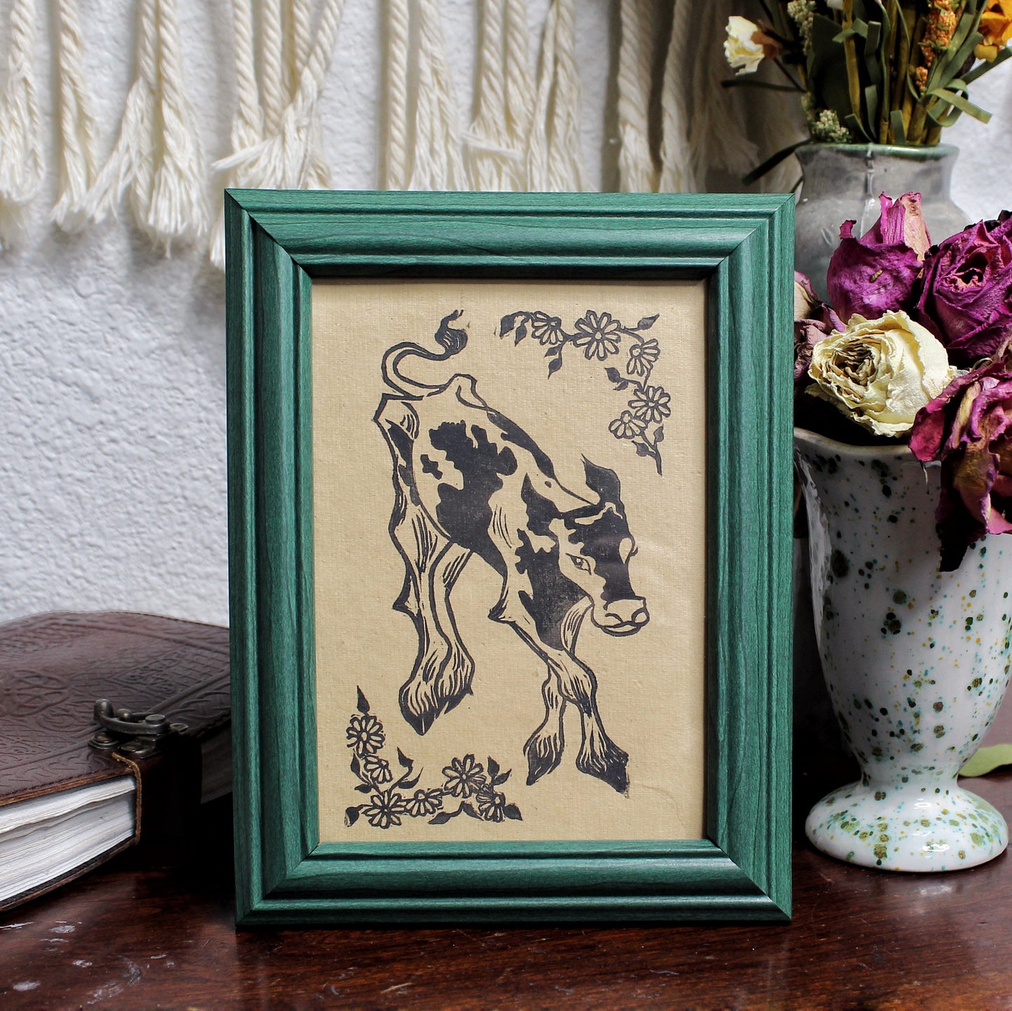 Daisy Cow Linocut Print