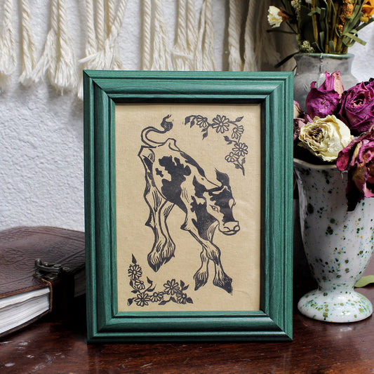 Daisy Cow Linocut Print