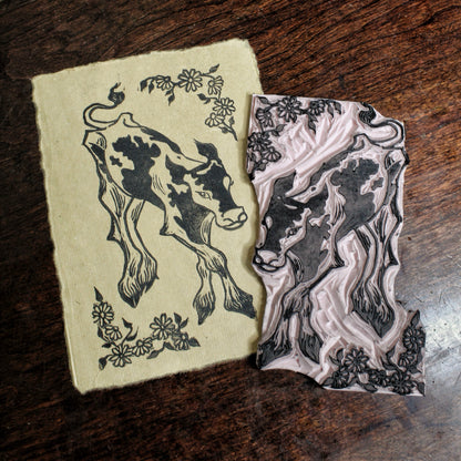Daisy Cow Linocut Print