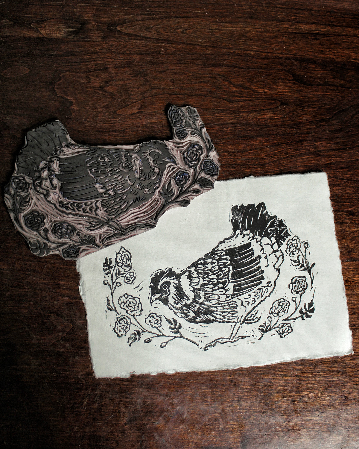 Marigold Hen Handmade Linocut Original Print