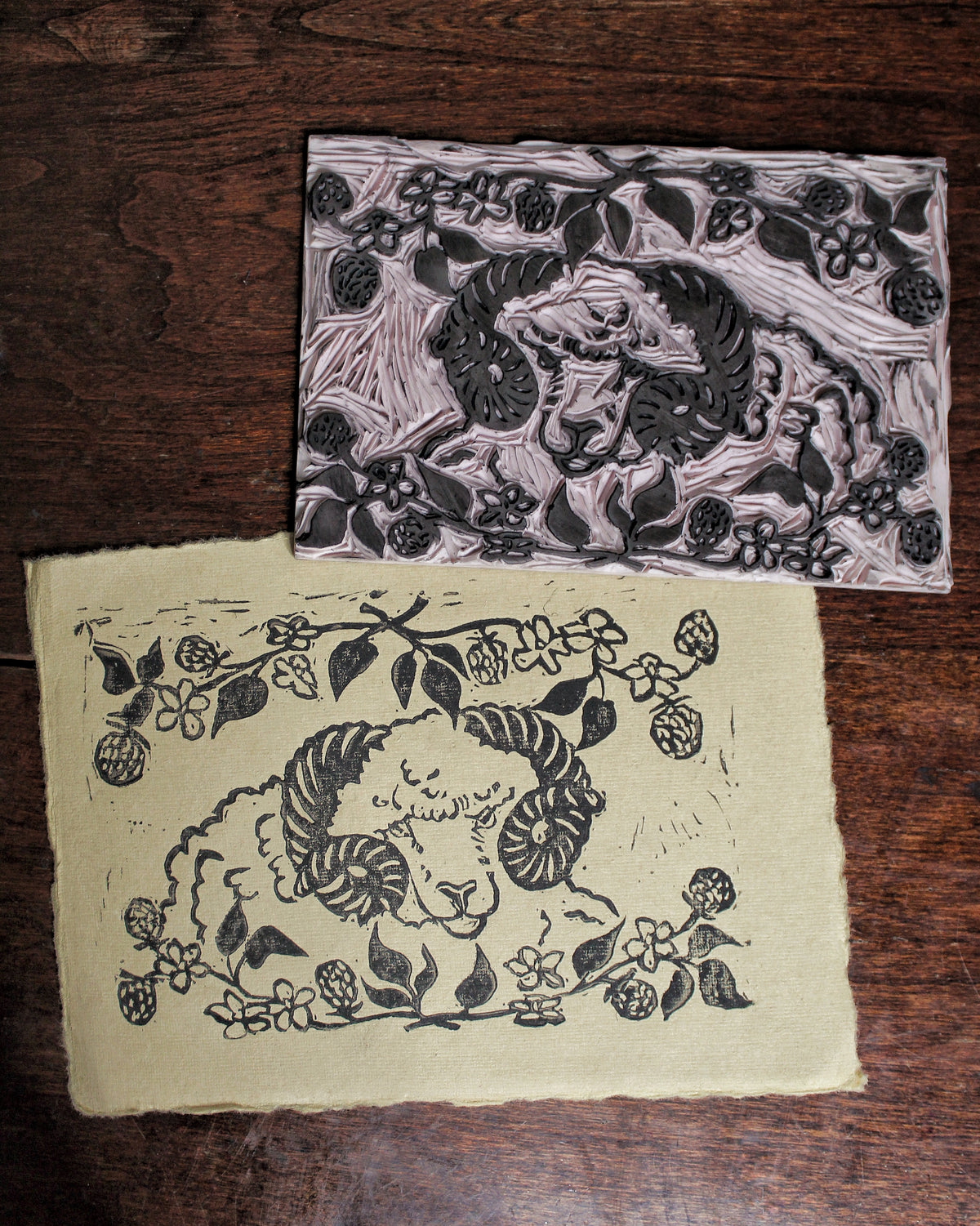 Rustic Blackberry Ram Linocut Original Print