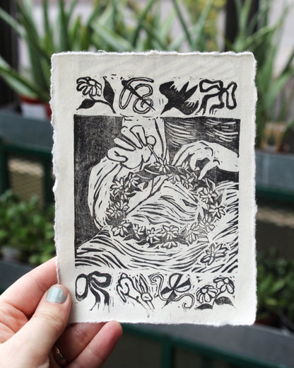 Flower Crown Linocut Fine Art Print
