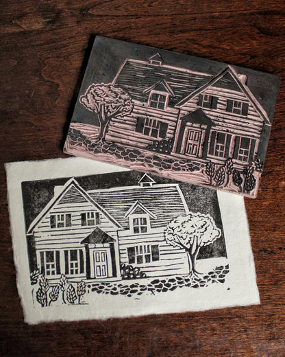 Cozy Cottage Handmade Linocut Print