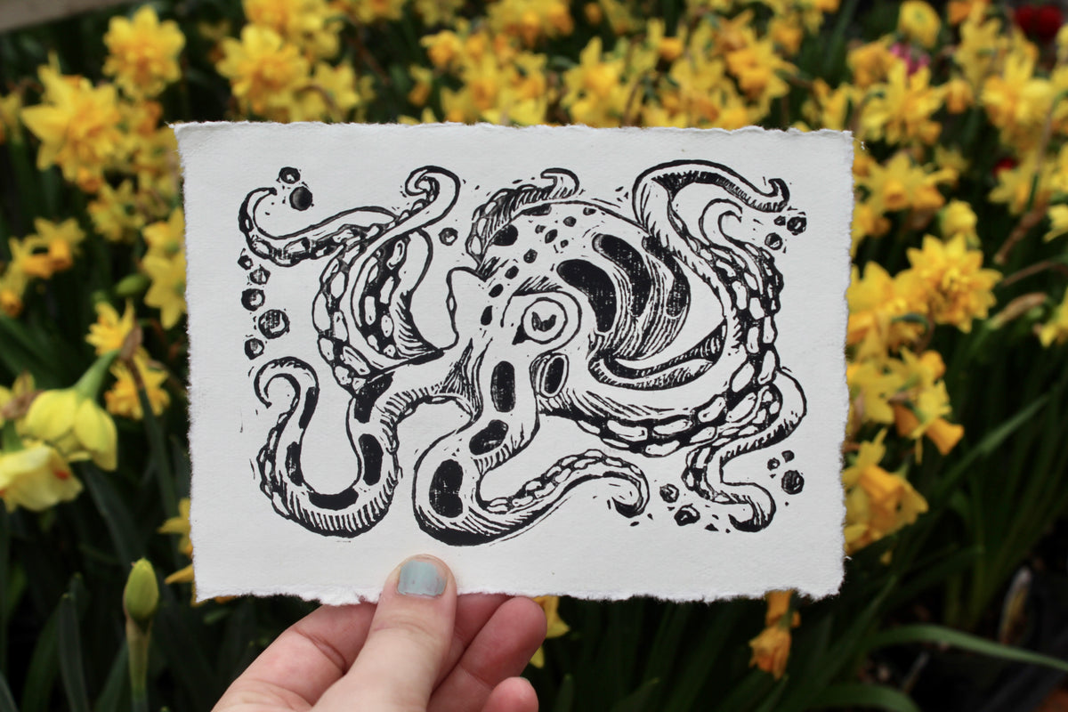 Inky Octopus Linocut Original Print