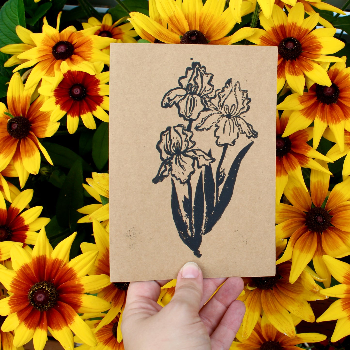 Iris Bouquet Handmade Linocut Greeting Card