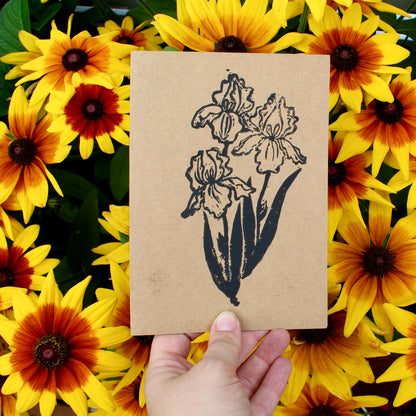 Iris Bouquet Handmade Linocut Greeting Card