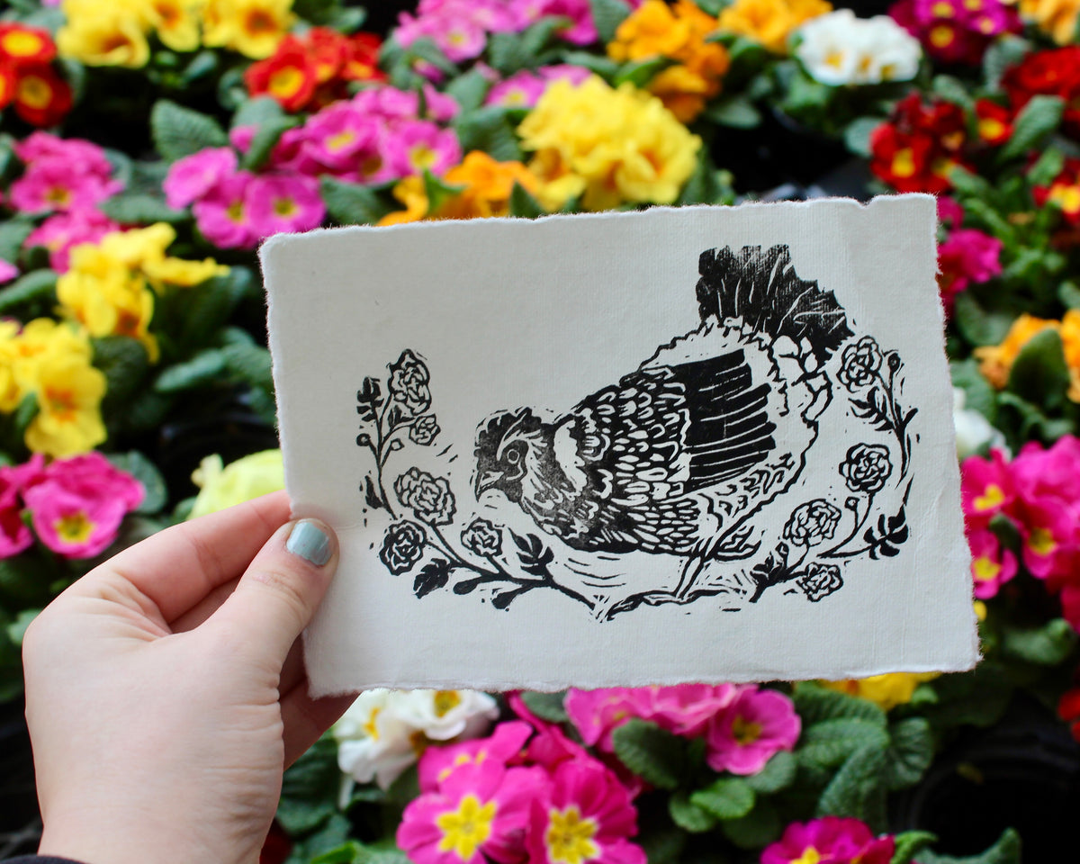 Marigold Hen Handmade Linocut Original Print