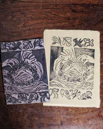 Flower Crown Handmade Linocut Original Print
