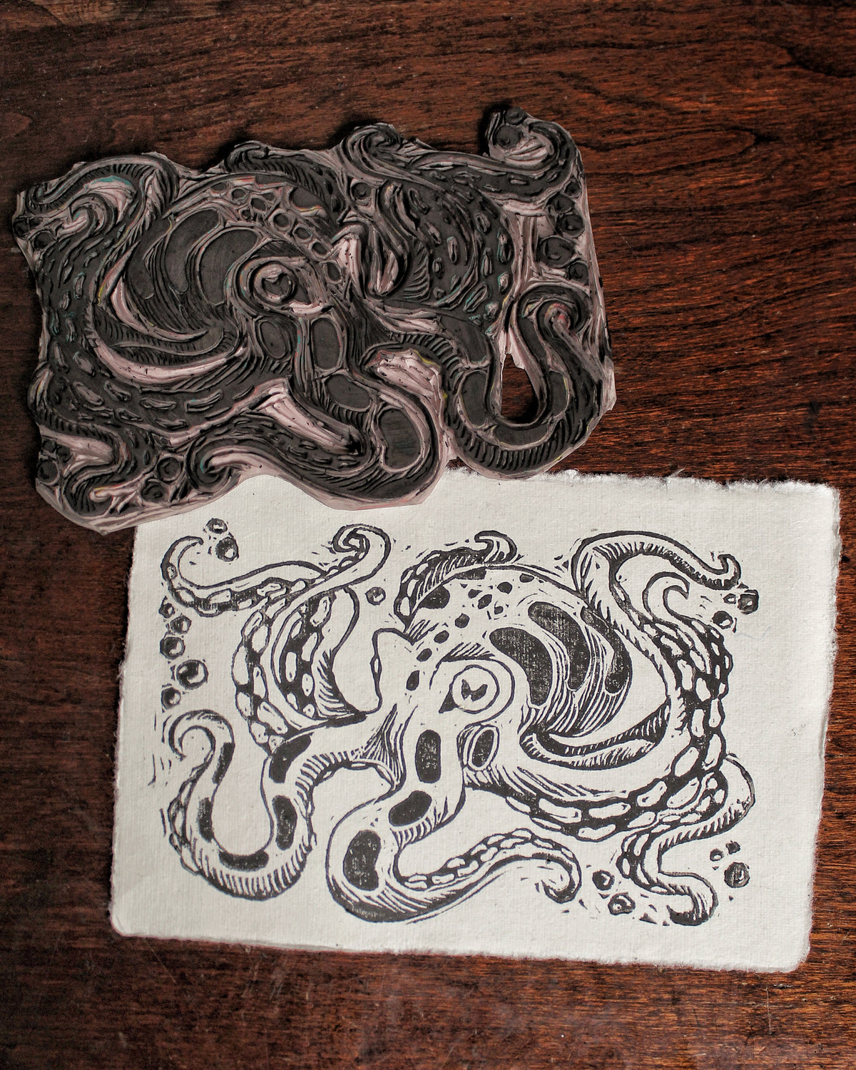 Inky Octopus Linocut Original Print