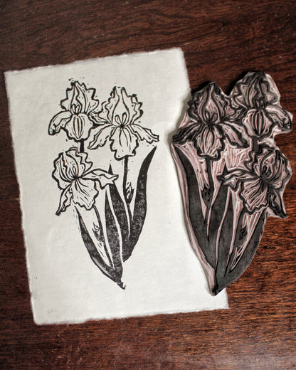 Iris Bouquet Handmade Linocut Original Print