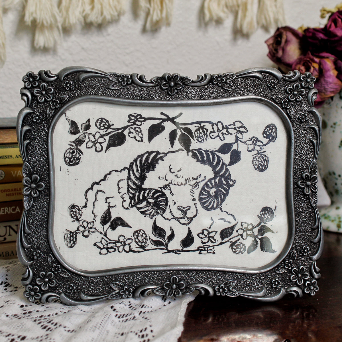 Rustic Blackberry Ram Linocut Original Print