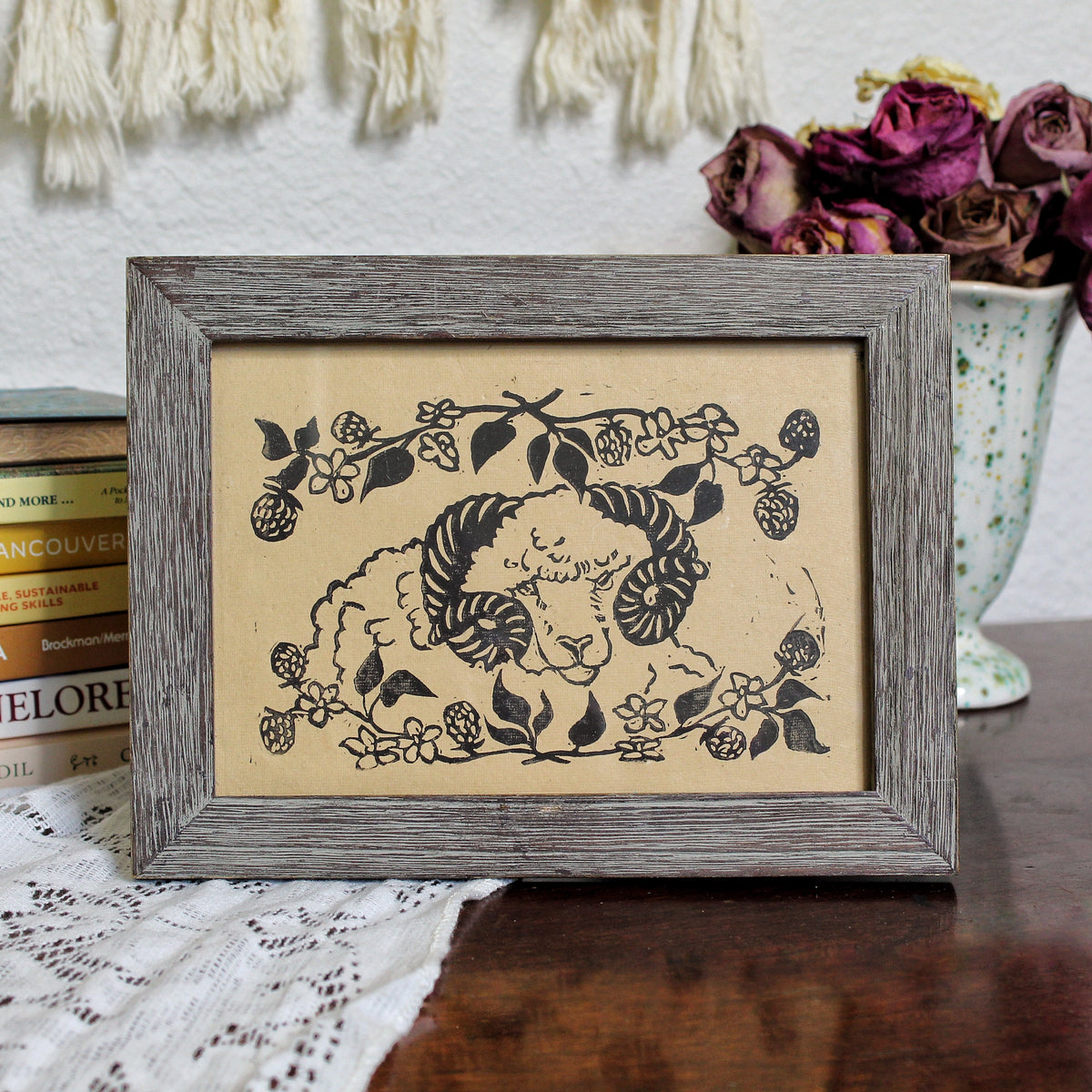 Rustic Blackberry Ram Linocut Original Print