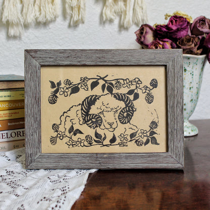 Rustic Blackberry Ram Linocut Original Print