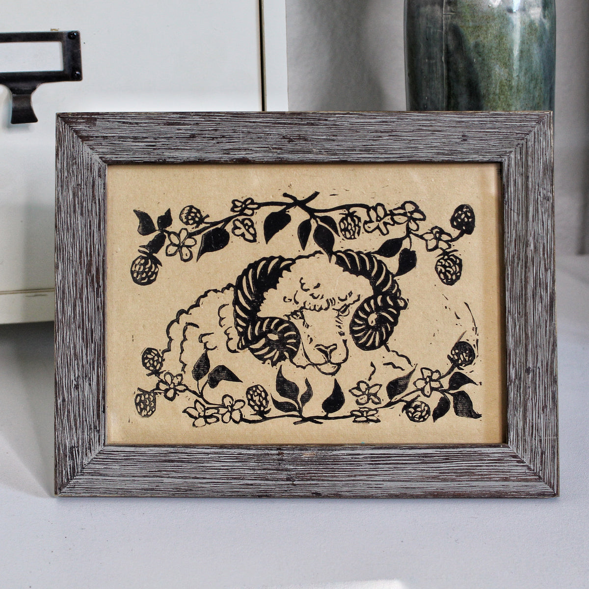 Rustic Blackberry Ram Linocut Original Print