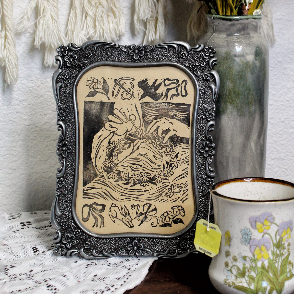 Flower Crown Handmade Linocut Original Print