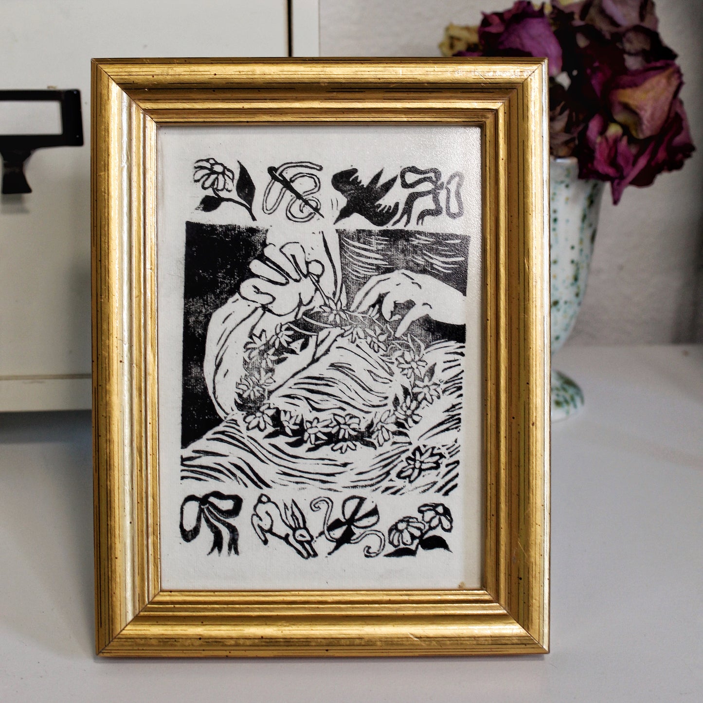 Flower Crown Linocut Fine Art Print