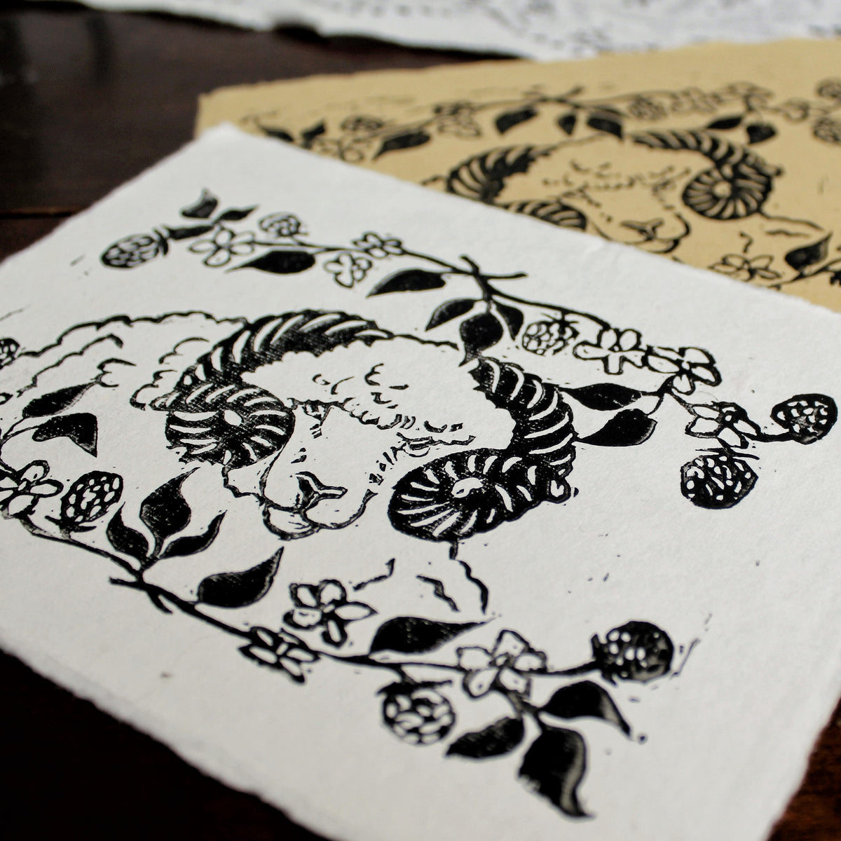 Rustic Blackberry Ram Linocut Original Print