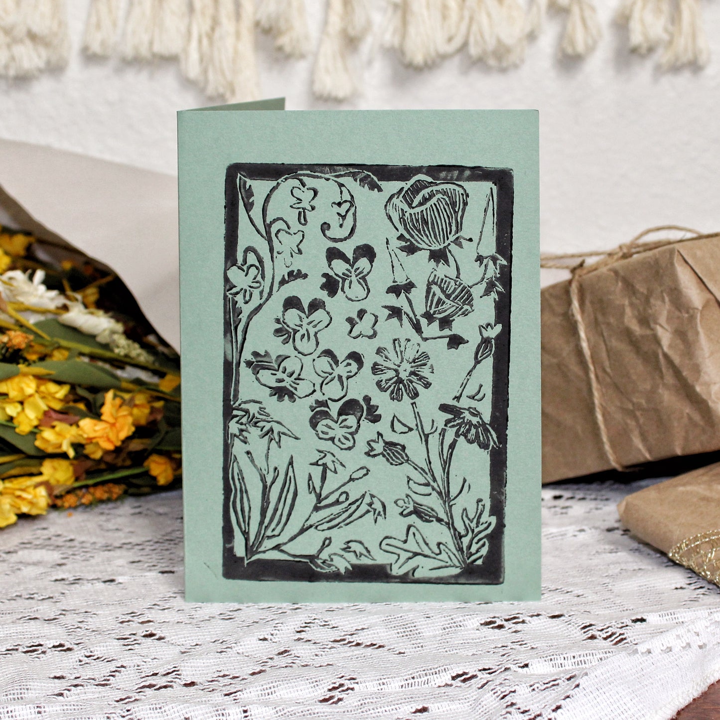 Wildflower Garden Handmade Linocut Greeting Card