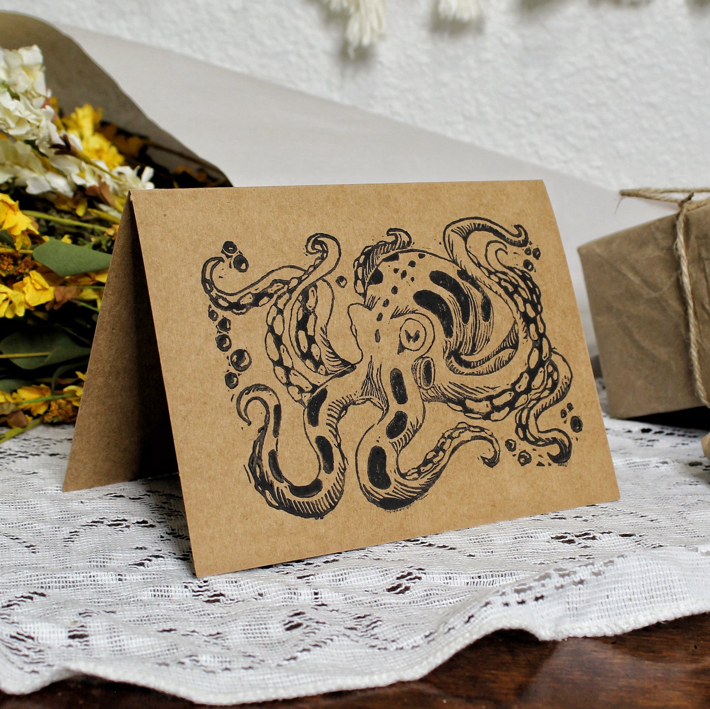 Inky Octopus Linocut Handmade Greeting Card