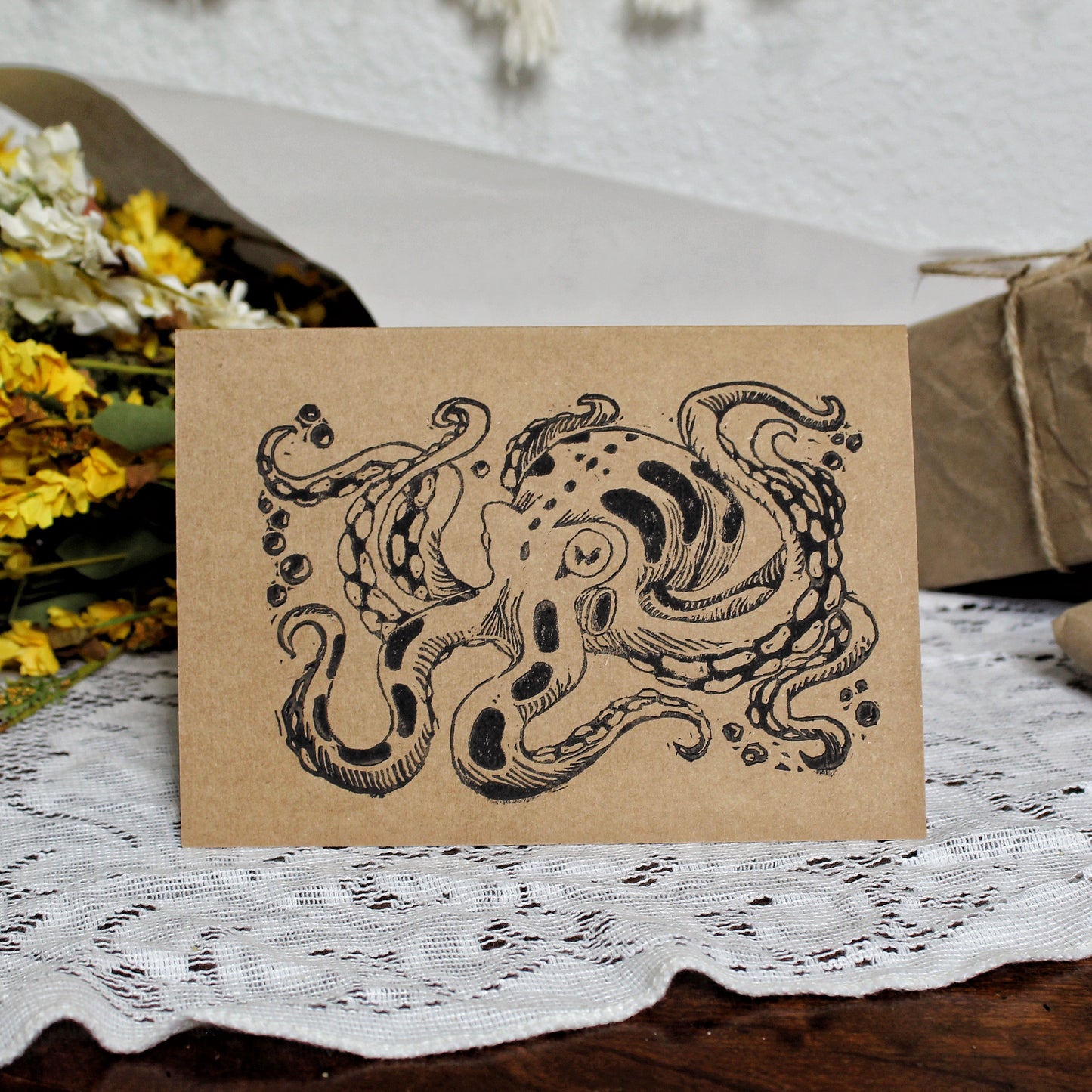 Inky Octopus Linocut Handmade Greeting Card