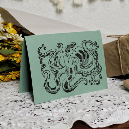Inky Octopus Linocut Handmade Greeting Card