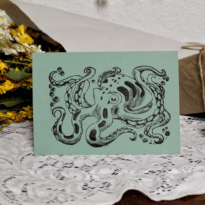Inky Octopus Linocut Handmade Greeting Card