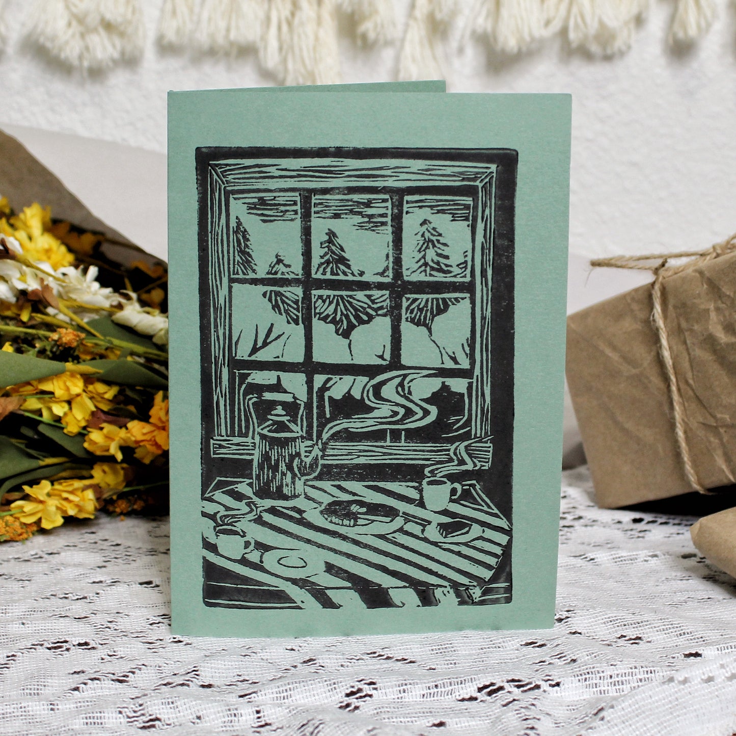 Kitchen Table Handmade Linocut Greeting Card