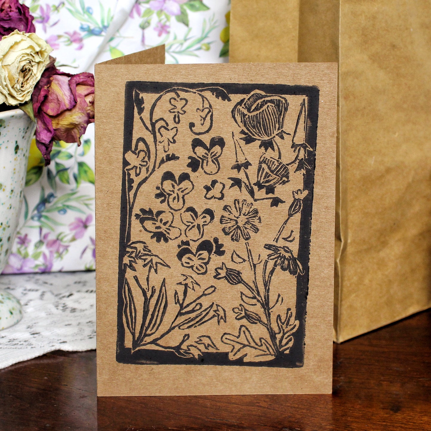 Wildflower Garden Handmade Linocut Greeting Card