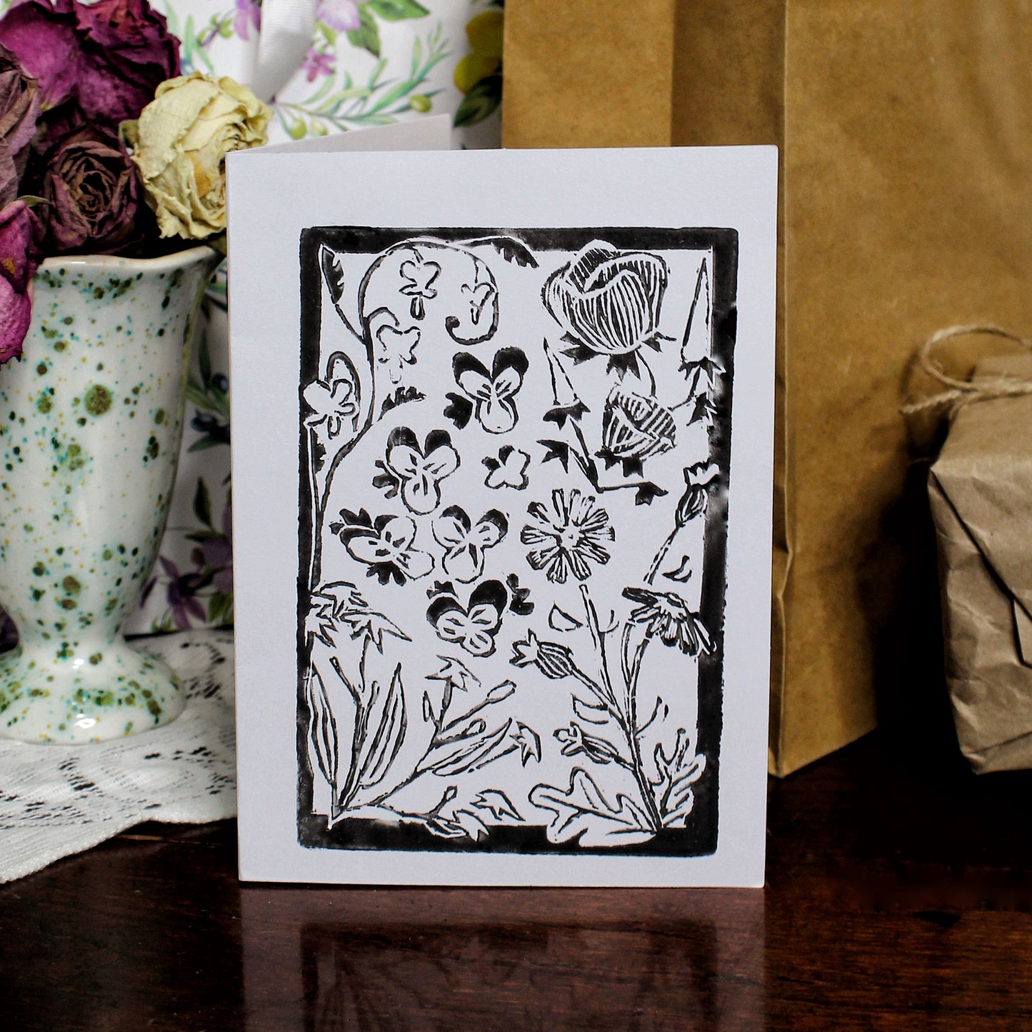 Wildflower Garden Handmade Linocut Greeting Card