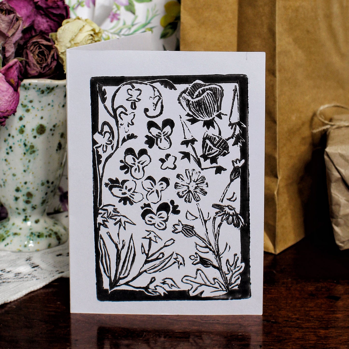 Wildflower Garden Handmade Linocut Greeting Card