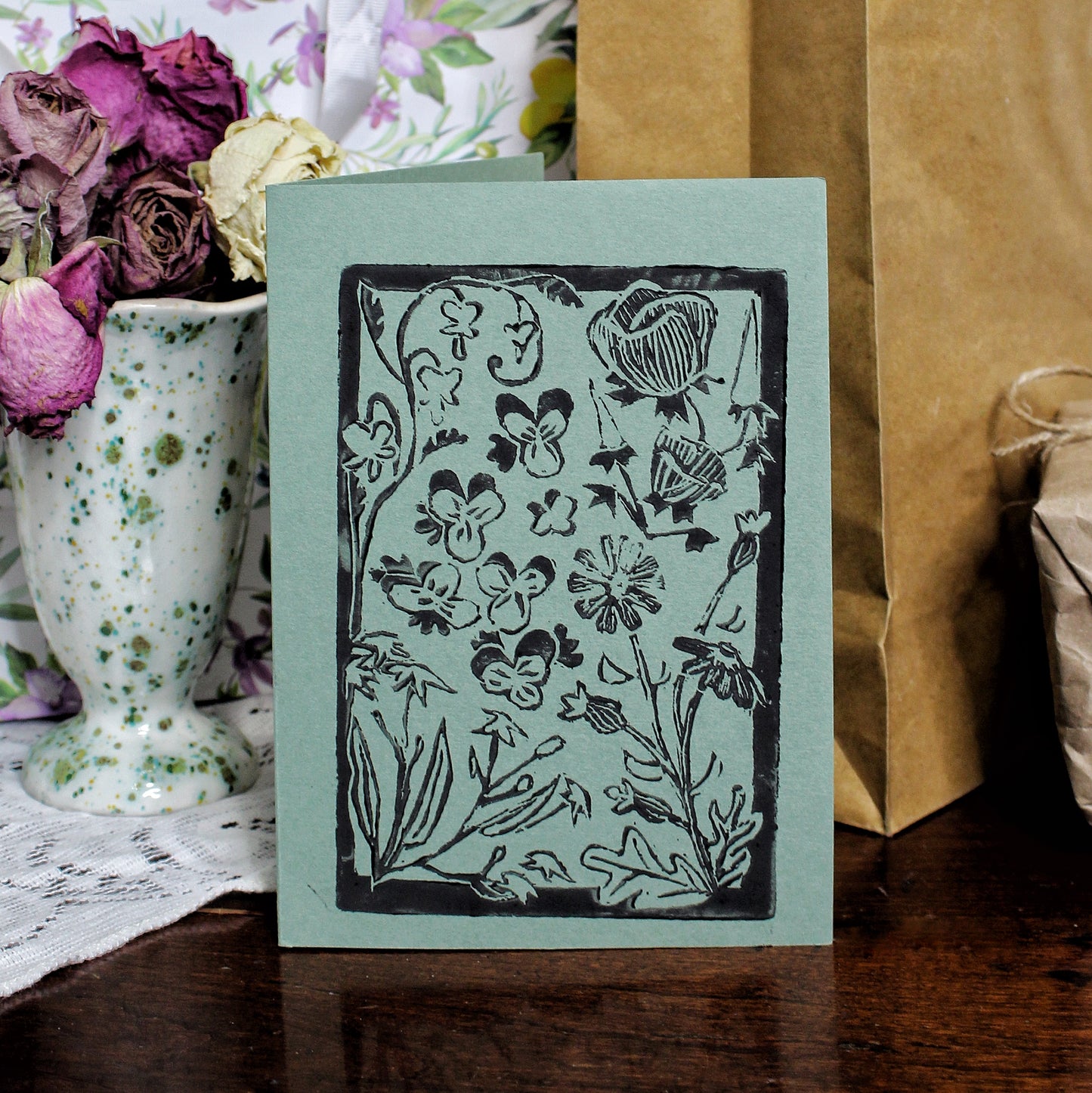 Wildflower Garden Handmade Linocut Greeting Card