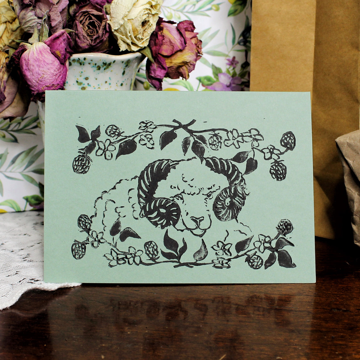 Blackberry Ram Handmade Linocut Greeting Card