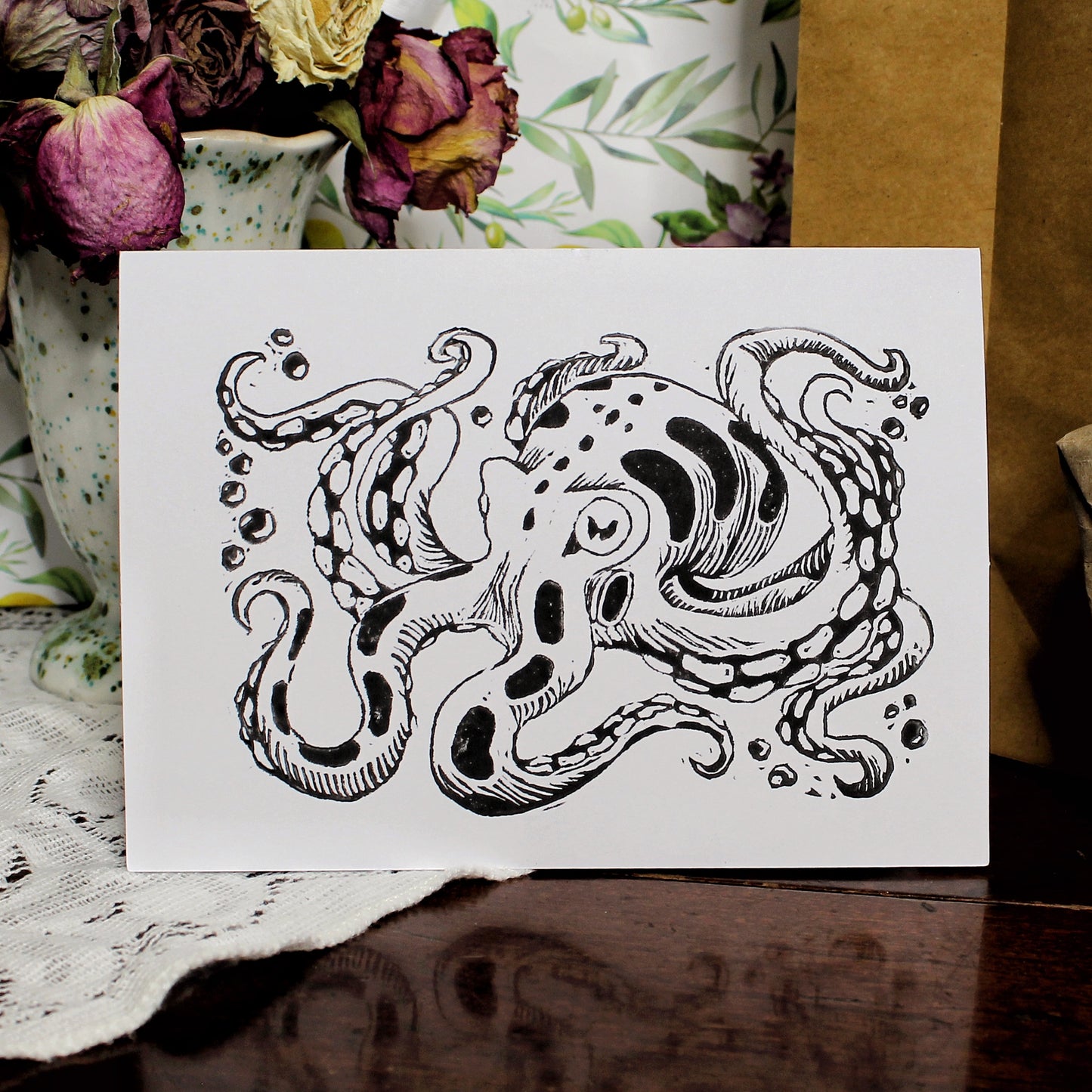 Inky Octopus Linocut Handmade Greeting Card