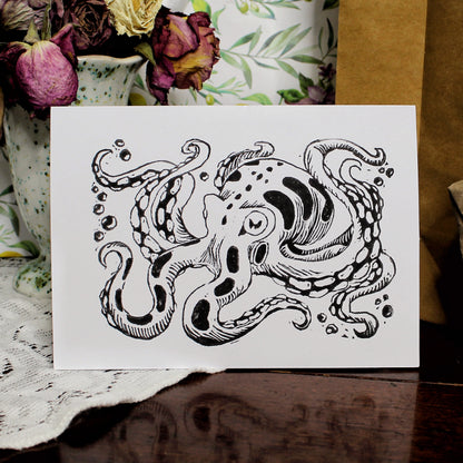 Inky Octopus Linocut Handmade Greeting Card