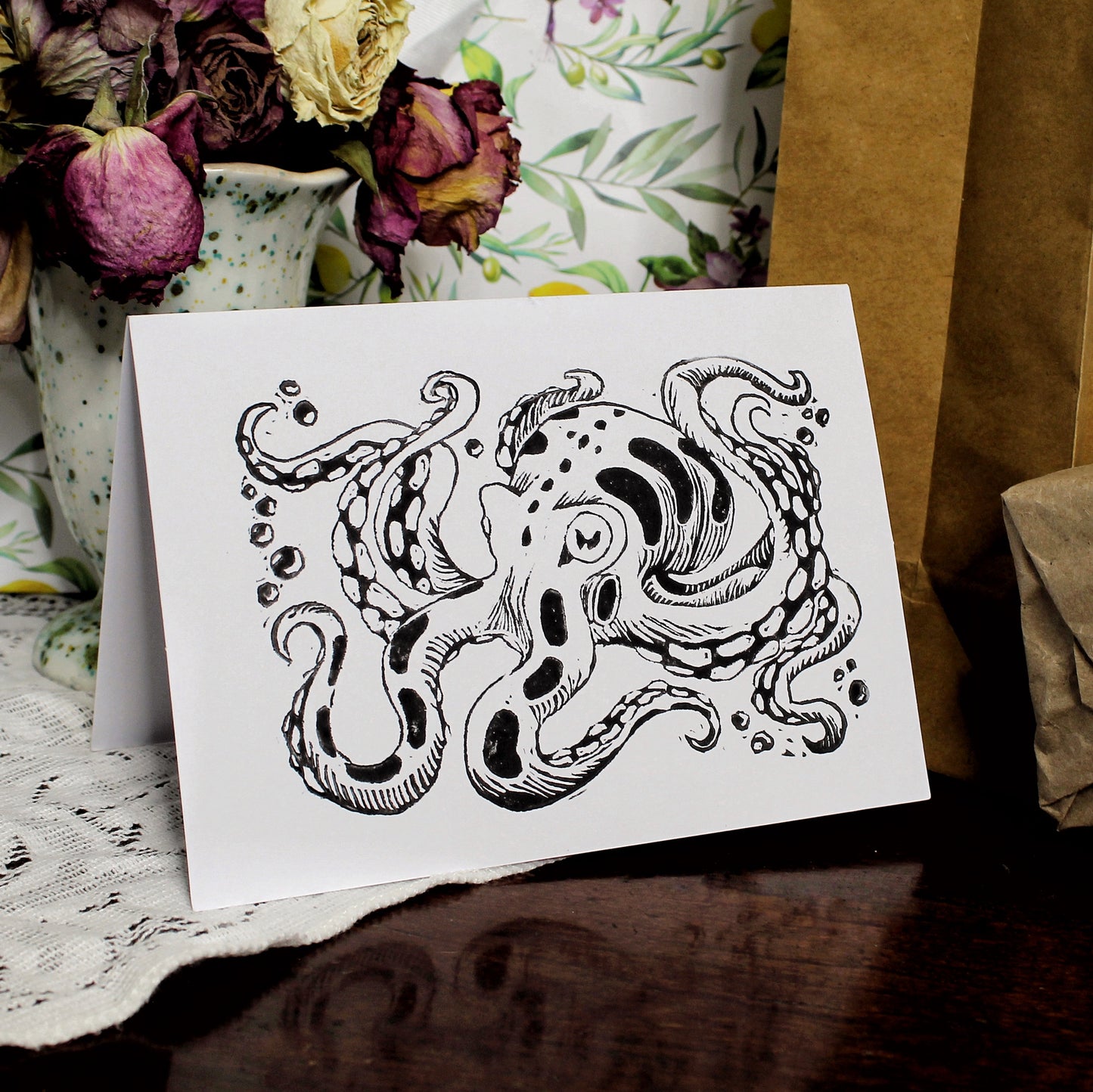 Inky Octopus Linocut Handmade Greeting Card