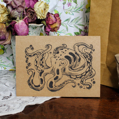 Inky Octopus Linocut Handmade Greeting Card