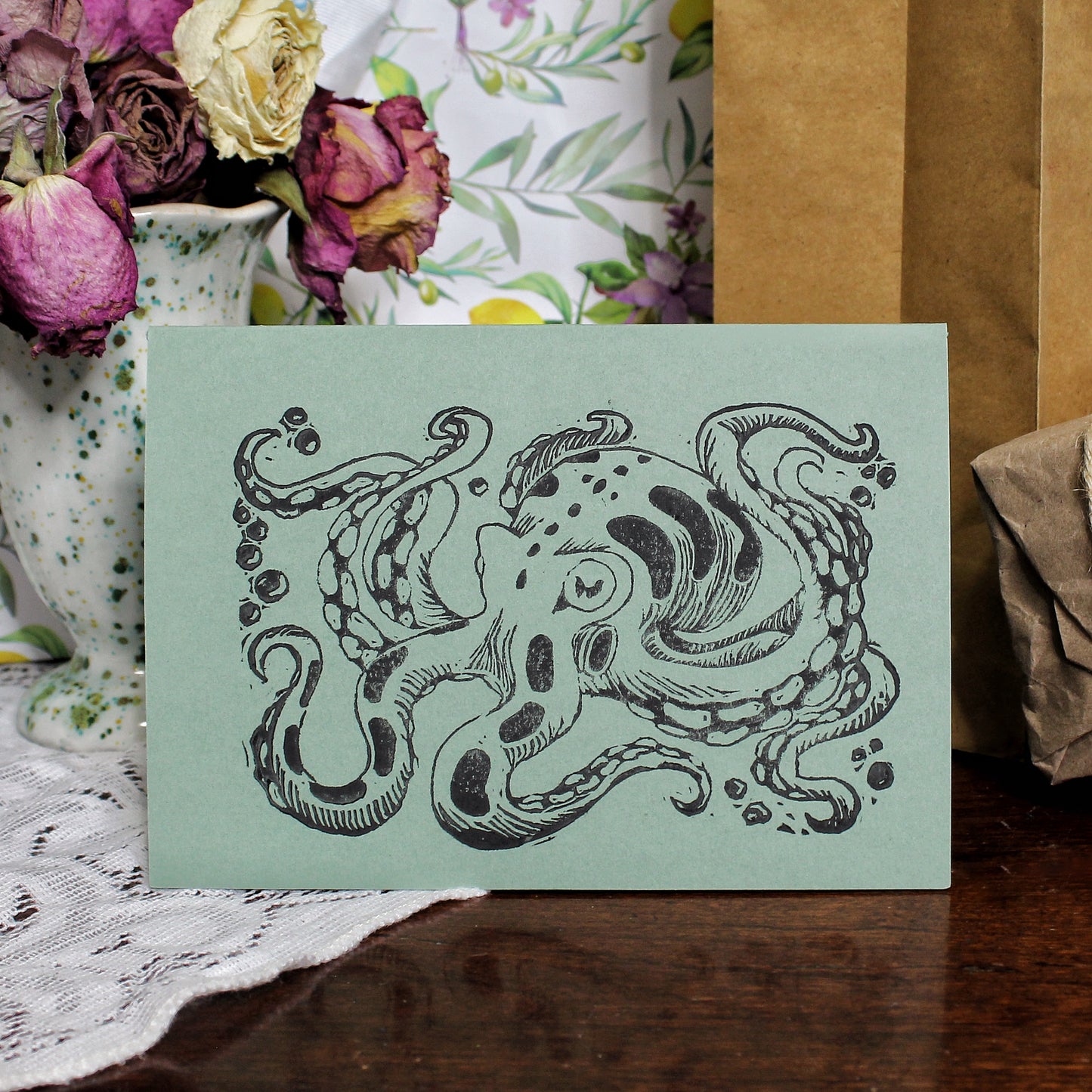 Inky Octopus Linocut Handmade Greeting Card