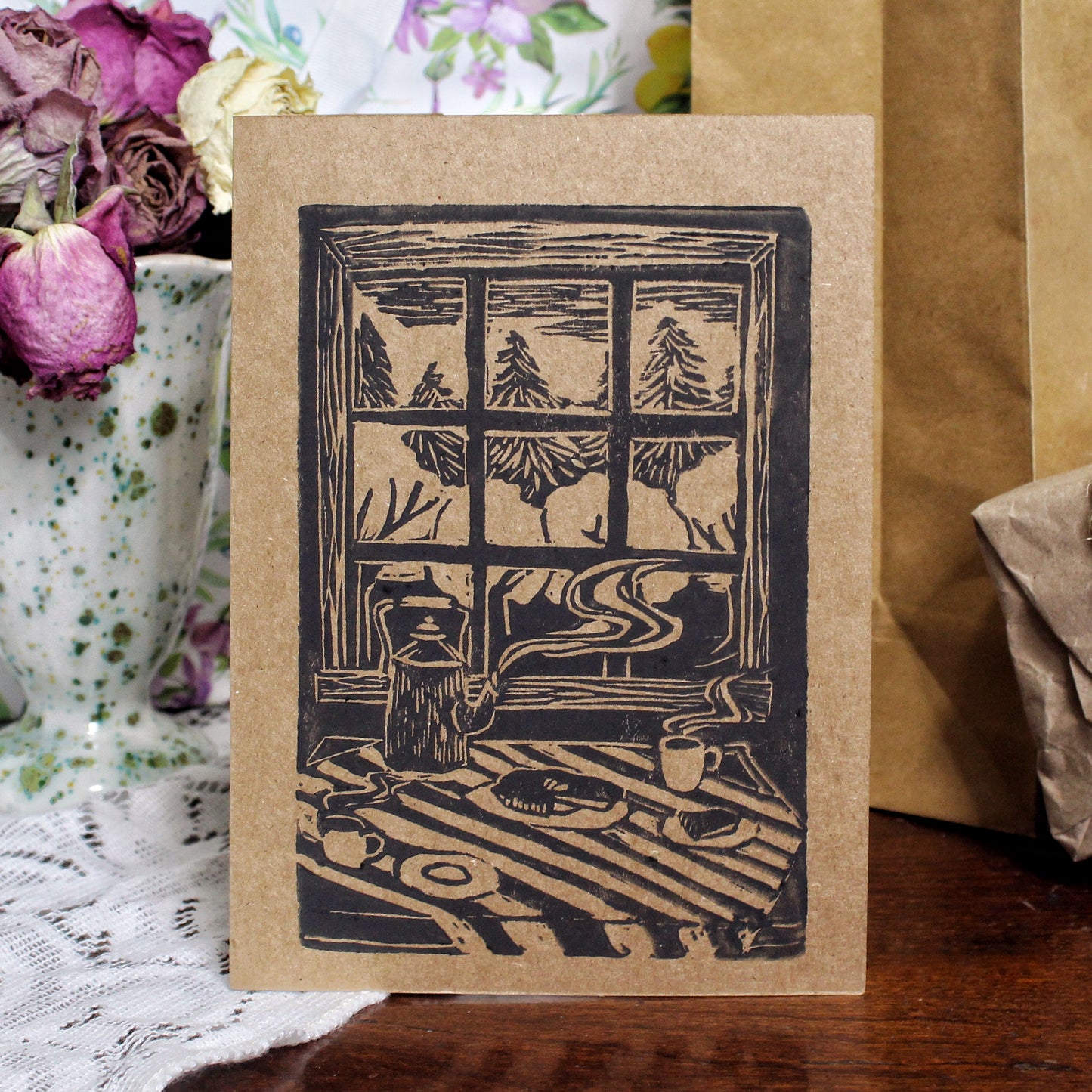 Kitchen Table Handmade Linocut Greeting Card