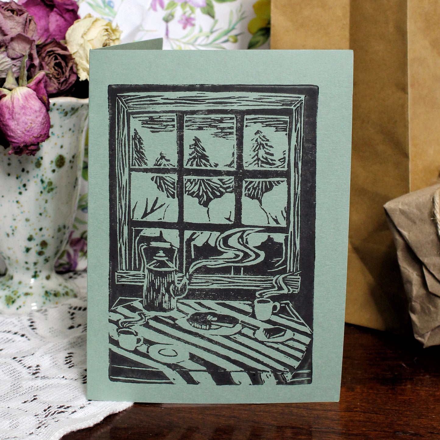 Kitchen Table Handmade Linocut Greeting Card