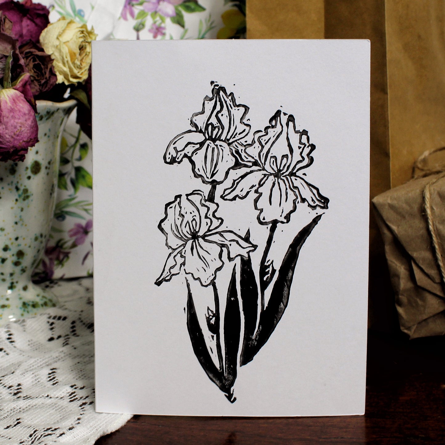 Iris Bouquet Handmade Linocut Greeting Card
